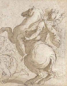 A cavalier on a rearing horse, crouching figures to the left by Palma Vecchio (Jacopo Negretti)