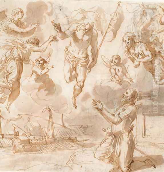 Le Christ en gloire benit un homme à genoux, une galere à l'arriere-plan - view 1
