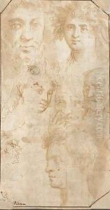 Seven heads with a self portrait and a portrait of Adriana Negretti by Palma Vecchio (Jacopo Negretti)