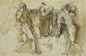 Vulcan's forge, with a subsidiary study of the forearm of the left hand figure by Palma Vecchio (Jacopo Negretti)