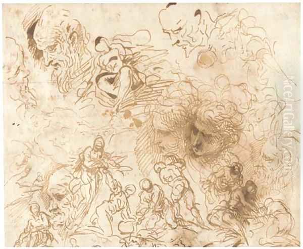 Studies for a scene of martyrdom with Christ in Glory above, and seven studies of heads - view 1