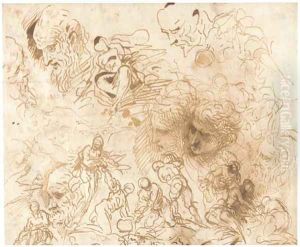 Studies for a scene of martyrdom with Christ in Glory above, and seven studies of heads by Palma Vecchio (Jacopo Negretti)