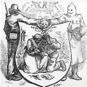 The White League and the Ku Klux Klan Worse than Slavery cartoon from Harpers Weekly 1874 by Thomas Nast