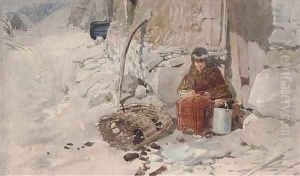 A kilted boy at the door of a Scottish croft by Erskine Nicol