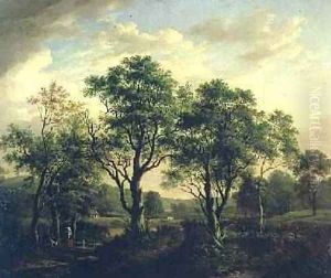 Wooded river landscape with figures and cattle