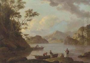 A view of Loch Lomond with figures and boats in the foreground