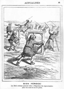 'Ferocious!' The Turks buying several works at the Impressionist Exhibition to be used in case of war, caricature from 'Le Charivari', 28th April 1877