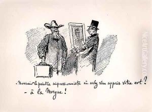 Caricature about Impressionist painting, 'Mr Impressionist Painter, where have you learned your art? - At the morgue!' by Amedee Charles Henri de Noe (Cham)