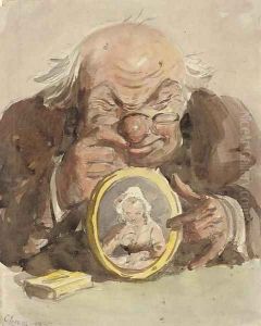 A connoisseur admiring a miniature by Amedee Charles Henri de Noe (Cham)