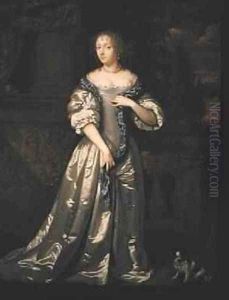 Portrait of Lady Philippa Stanton and her Dog Standing on a Terrace by a Sculpted Frieze by Caspar Netscher