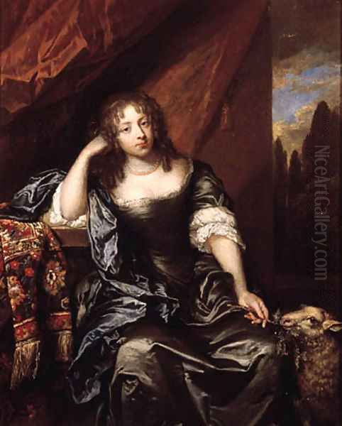 Portrait of a lady, seated small three quarter length on a draped balcony, wearing a grey silk dress with lace chemise, blue wrap and pearl necklace, - view 1