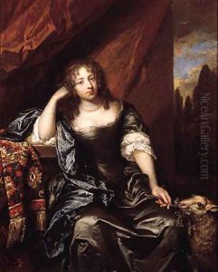 Portrait of a lady, seated small three quarter length on a draped balcony, wearing a grey silk dress with lace chemise, blue wrap and pearl necklace,