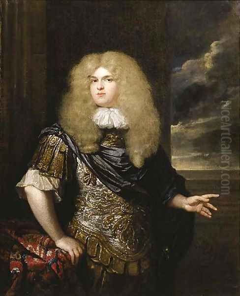 Portrait of a naval officer, standing small three quarter length, on a terrace by a table, wearing a classical style armour, with a blue cloak, lace s - view 1