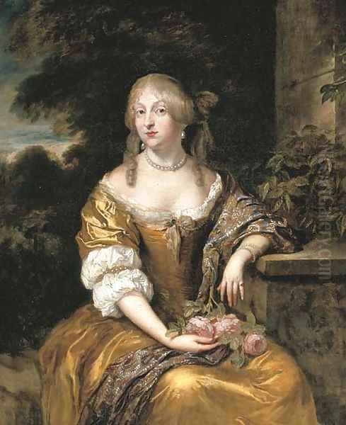 Portrait of a lady, three-quarter-length, in a gold satin gown, seated in a garden - view 1