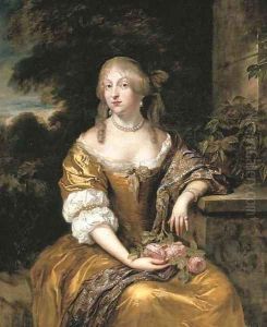 Portrait of a lady, three-quarter-length, in a gold satin gown, seated in a garden by Caspar Netscher