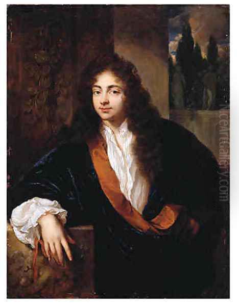 Portrait of a Gentleman, standing small half length on a balcony, wearing an orange-lined blue silk dressing-gown with lace chemise and wig, his right - view 1