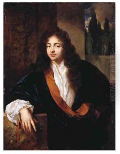 Portrait of a Gentleman, standing small half length on a balcony, wearing an orange-lined blue silk dressing-gown with lace chemise and wig, his right