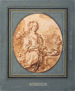 Portrait of a woman on a terrace holding a mask by Caspar Netscher