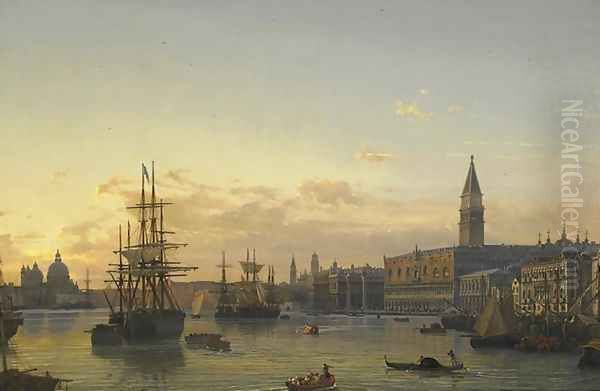 Blick uber das Bacino di San Marco in Venedig mit Panorama von S. Maria della Salute bis zu den Kuppeln von S. Marco bei Sonnenuntergang 1840-49 - view 1