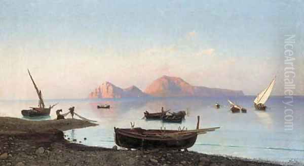 Fishing boats off the Naples coast, Capri beyond - view 1