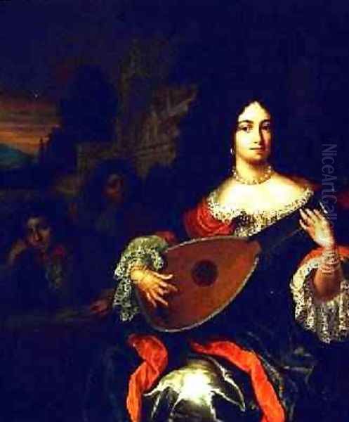 A Lady playing a lute with two boys at her side - view 1