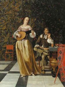 A lady playing a lute with a gentleman seated at a table in an interior by Eglon van der Neer