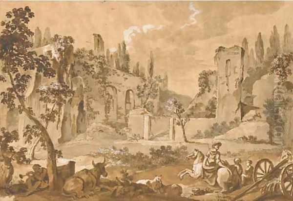 A view of the Pincian Hill with ruins, a woman on horseback, a cart, animals and figures in the foreground - view 1