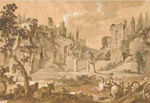 A view of the Pincian Hill with ruins, a woman on horseback, a cart, animals and figures in the foreground by Charles Joseph Natoire