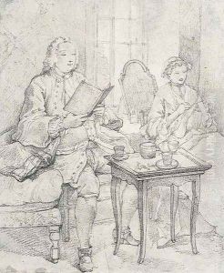 A seated gentleman reading and a seated lady embroidering in an elegant interior by Charles Joseph Natoire