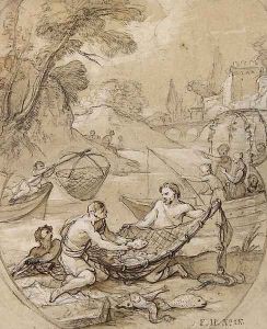 Fishermen drawing their Nets, with figures on a boat in the background