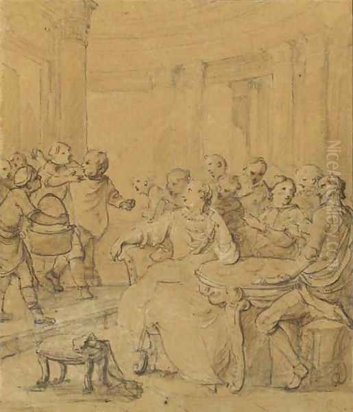 Sancho Panza pursued by cooks trying to shave his beard with dirty water, Don Quixote and the Duchess seated at a table - view 1