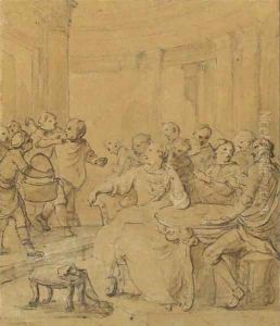 Sancho Panza pursued by cooks trying to shave his beard with dirty water, Don Quixote and the Duchess seated at a table