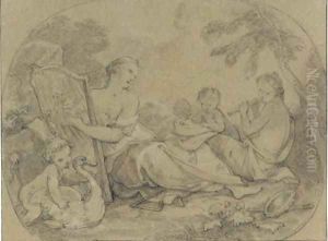 Two women with putti music making in a landscape by Charles Joseph Natoire
