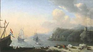 A mediterranean coastal landscape with merchants at a quay, shipping in a bay beyond by Reiner Nooms (Zeeman)