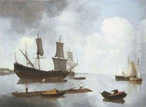 A ferry and shipping in a calm off a coastline by Reiner Nooms (Zeeman)