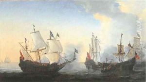 A frigate battle at sea by Reiner Nooms (Zeeman)