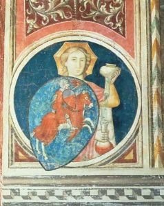 Allegorical figure of Temperance, one of several depictions of the Virtues framing Militant Justice from the Salone del Consiglio by Arrigo di Niccolo