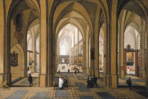 The interior of a Gothic church with elegant company by Peeter, the Elder Neeffs