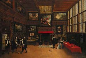 The neercamer of a town house near the wharf at Antwerp with a young gentleman, receiving, on behalf of his attendant relations by Peeter, the Elder Neeffs
