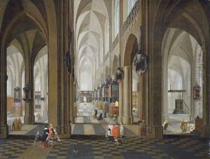 A church interior with elegant company in the nave and aisle by Peeter, the Elder Neeffs