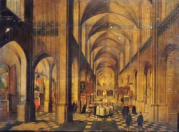 A view in a Gothic Church looking East with a service taking place at an altar on the left and a choir singing in the nave - view 1