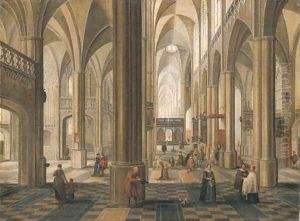 The interior of a cathedral with elegant company, a service in progress in a side altar