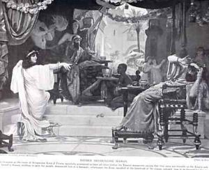 Esther denouncing Haman illustration from Hutchinsons History of the Nations 1910 by Ernest Normand