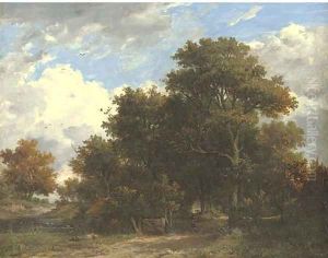 Wooded landscape with a figure on a track, a cottage beyond by Patrick Nasmyth