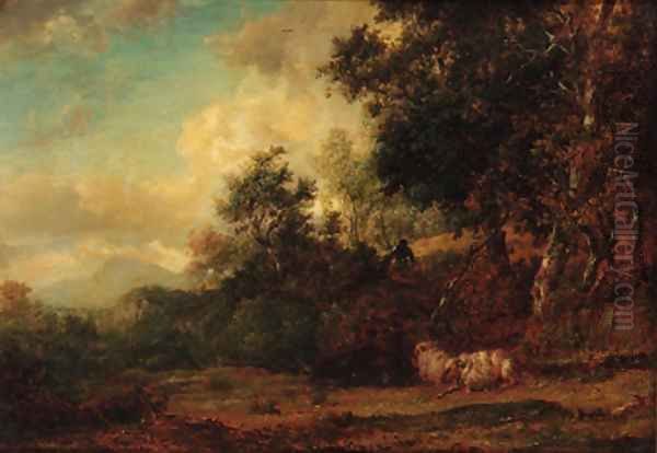 A shepherd and sheep in a wooded landscape - view 1