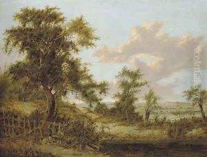A wooded landscape in Surrey with figures, the village of Godstone beyond by Patrick Nasmyth