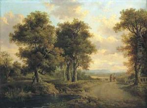 A wooded landscape with a pond in the foreground and figures on a path in the distance by Patrick Nasmyth