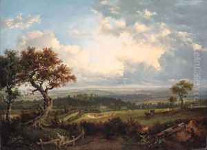 An extensive landscape with figures and cattle in the foreground and a village beyond by Patrick Nasmyth
