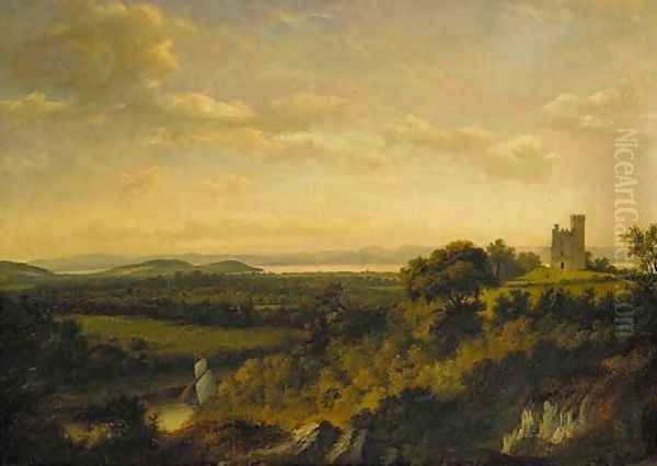 View of Renfrew Castle, with a ship on White Cart Water in the foreground and an extensive view of the River Clyde beyond - view 1