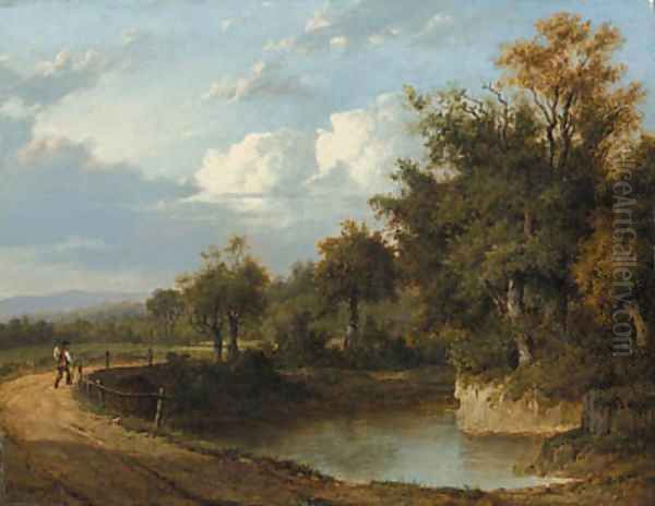 A wooded river landscape with a traveller on a track - view 1